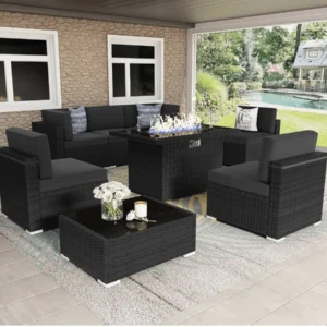 8 Pieces Patio Furniture Set with 44" Propane Gas Fire Pit Table